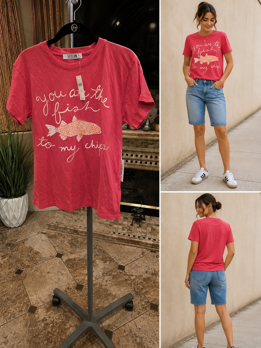 Anthropologie Bright Red Graphic Tee with White and Light Orange Fish
